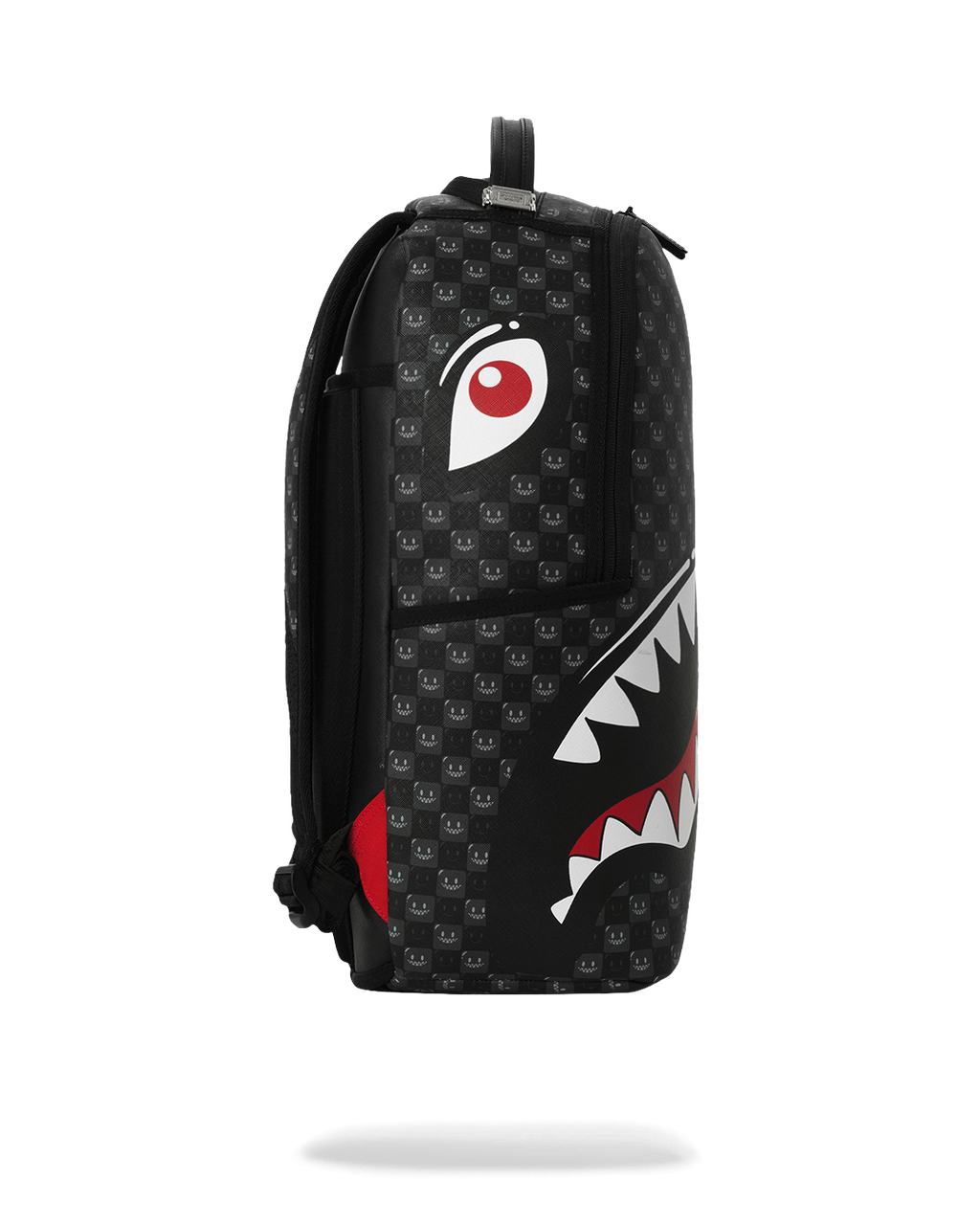 Sprayground shark-mouth backpack bag, black with round red eye, side fin graphic, back view