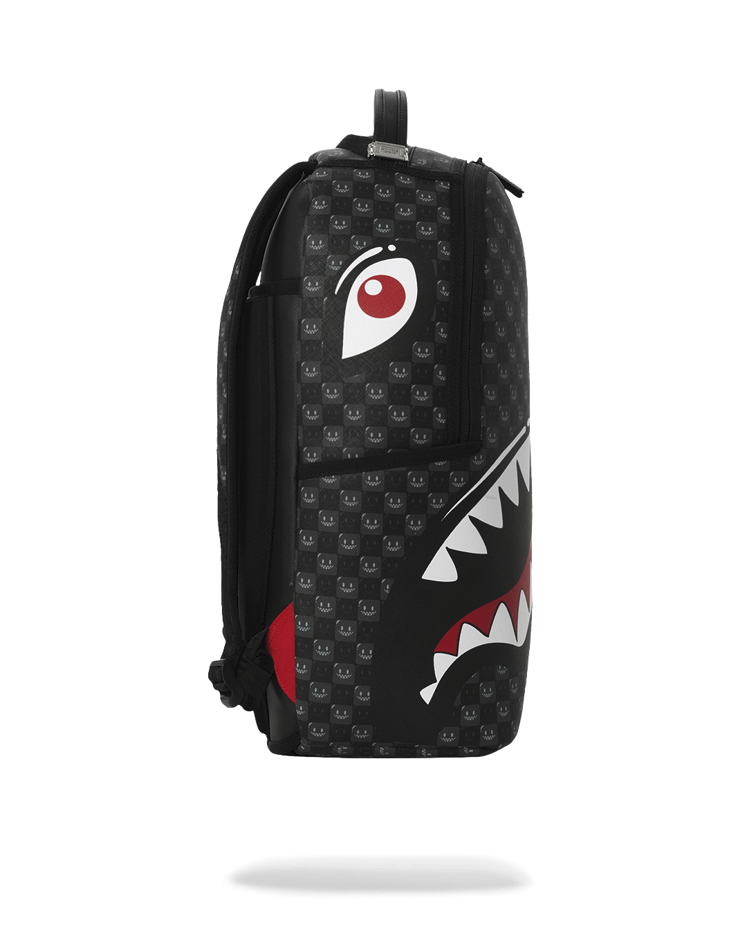 Sprayground shark-mouth backpack bag, black with round red eye, side fin graphic, back view