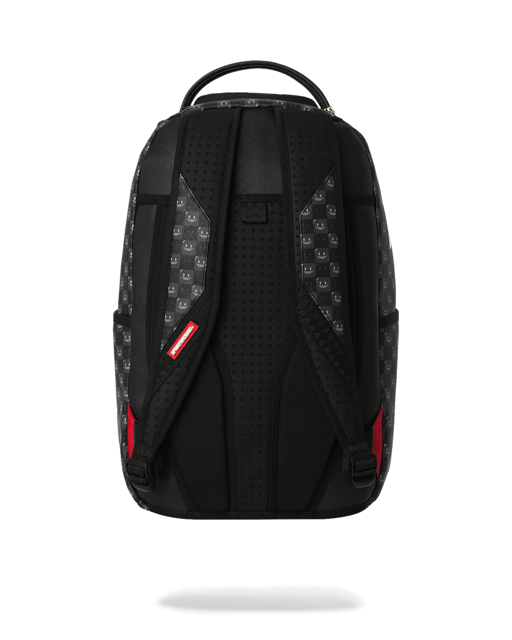 Sprayground black backpack bag with perforated back panel, red logo label, back view