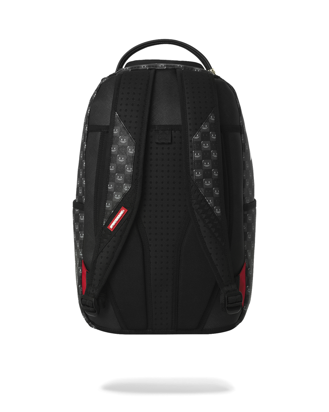 Sprayground black backpack bag with perforated back panel, red logo label, back view