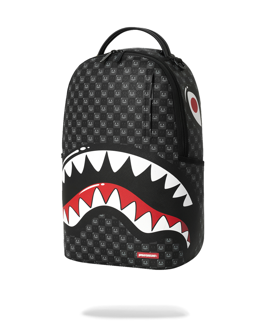 Sprayground shark-mouth backpack bag, black with red and white jaws graphic, front view