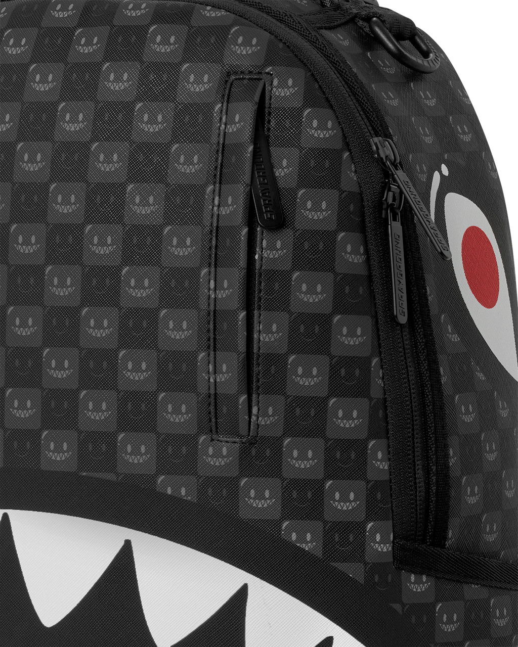 Black Sprayground backpack bag with repeating crown pattern, side zipper and white logo circle