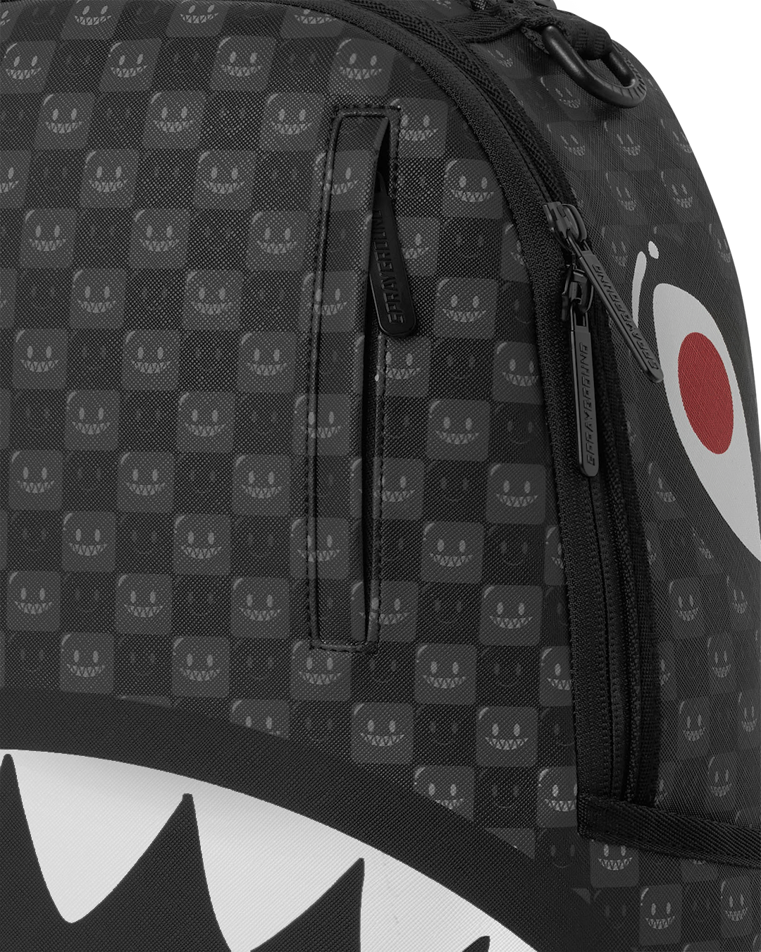 Black Sprayground backpack bag with repeating crown pattern, side zipper and white logo circle