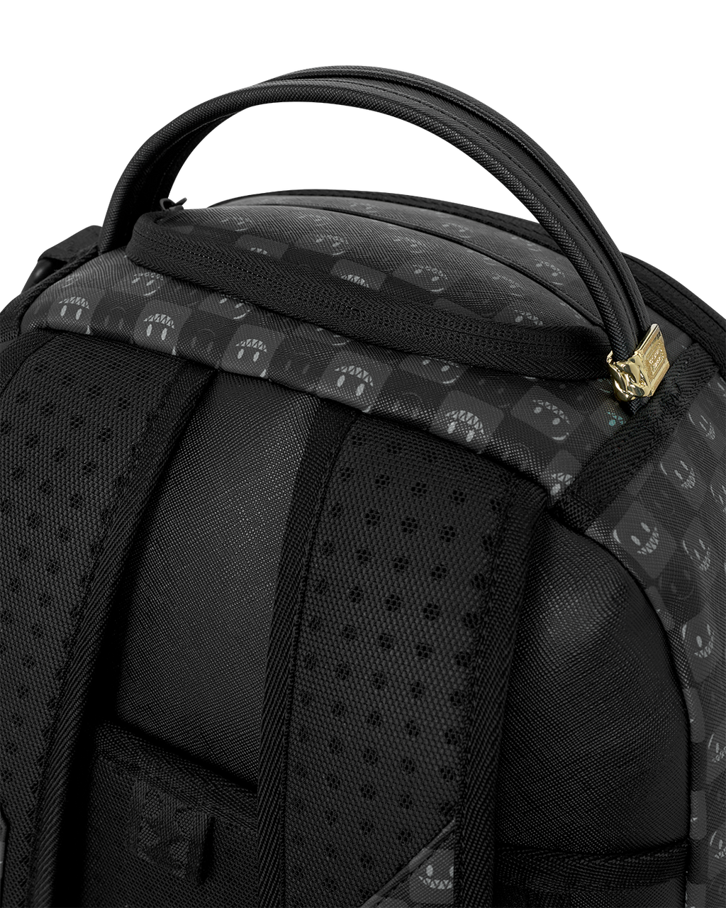 Black Sprayground backpack bag with padded front panels and gold zipper pull