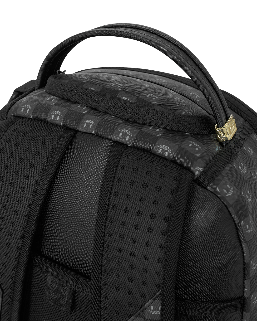 Black Sprayground backpack bag with padded front panels and gold zipper pull