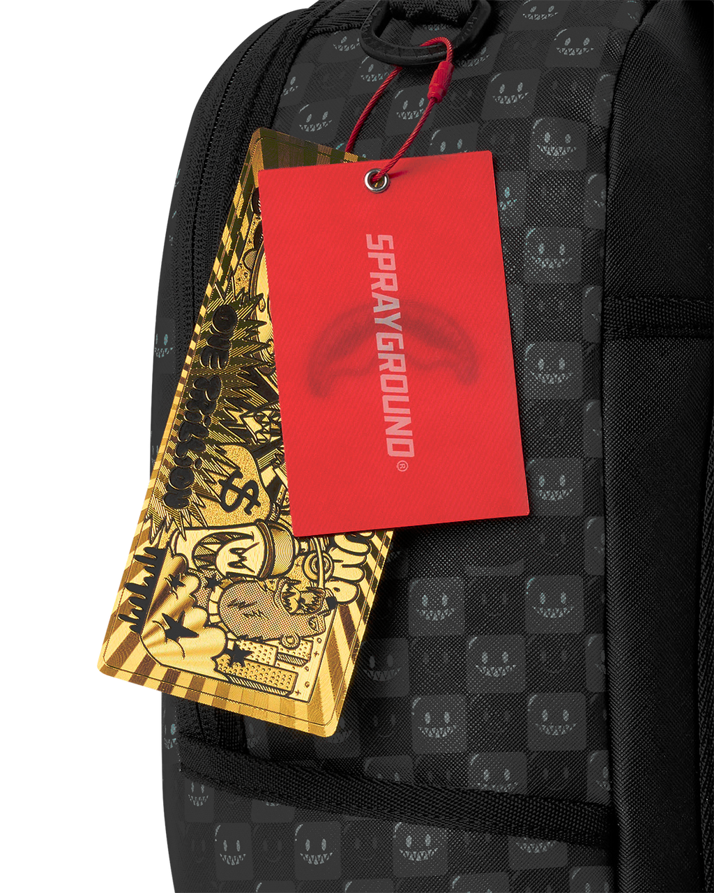 Black Sprayground backpack bag with front pocket and red tag, gold zipper ring detail