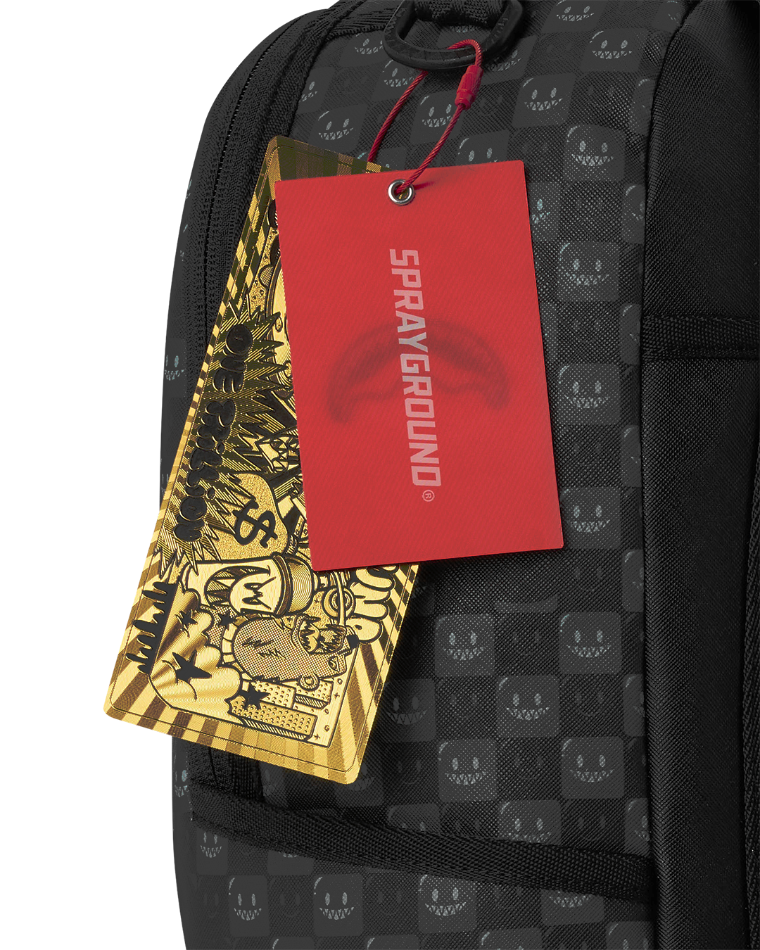 Black Sprayground backpack bag with front pocket and red tag, gold zipper ring detail