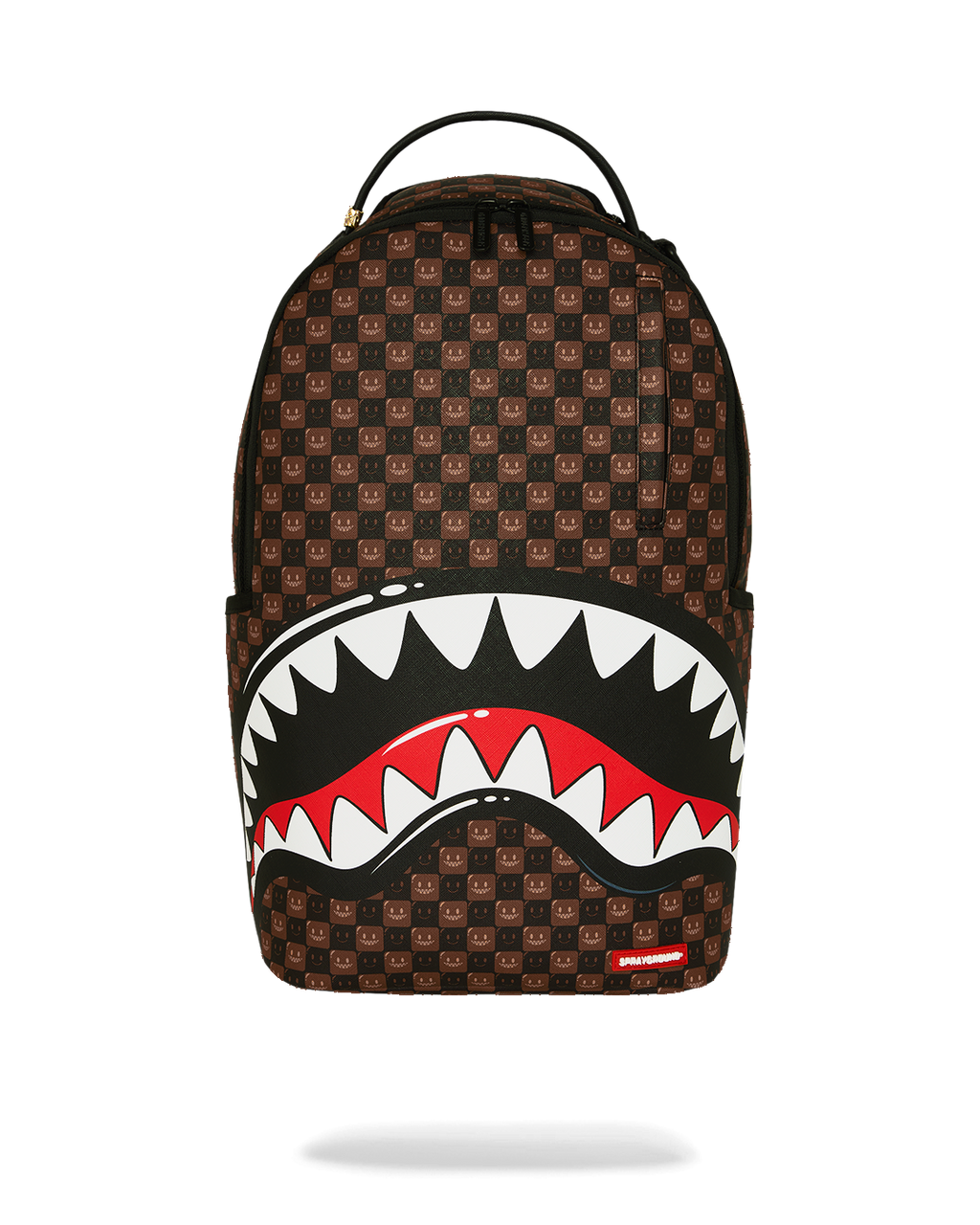 Brown patterned backpack with large shark-mouth graphic and red-and-white teeth