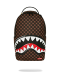 Brown patterned backpack with large shark-mouth graphic and red-and-white teeth
