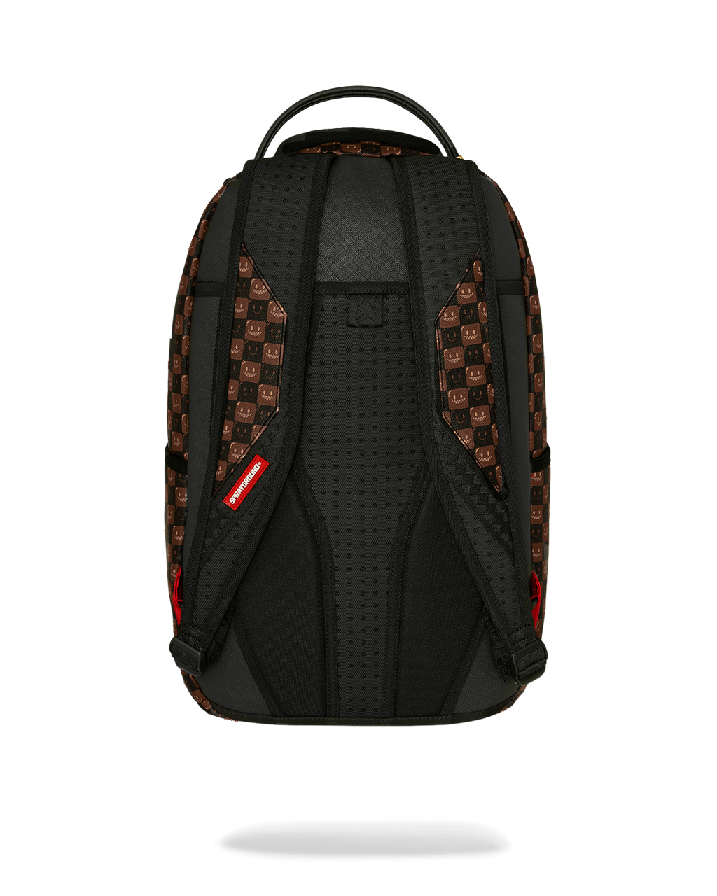 Brown patterned backpack back panel with black padded straps and ventilation details