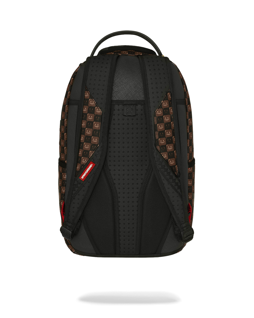 Brown patterned backpack back panel with black padded straps and ventilation details