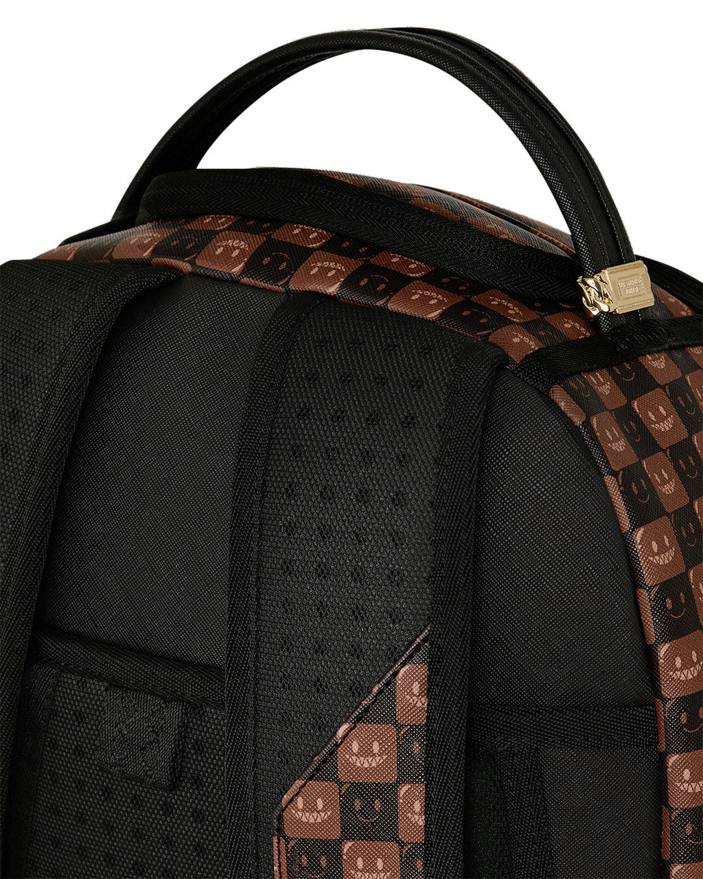 Backpack bag with black padded straps and brown checker trim, top zip closure