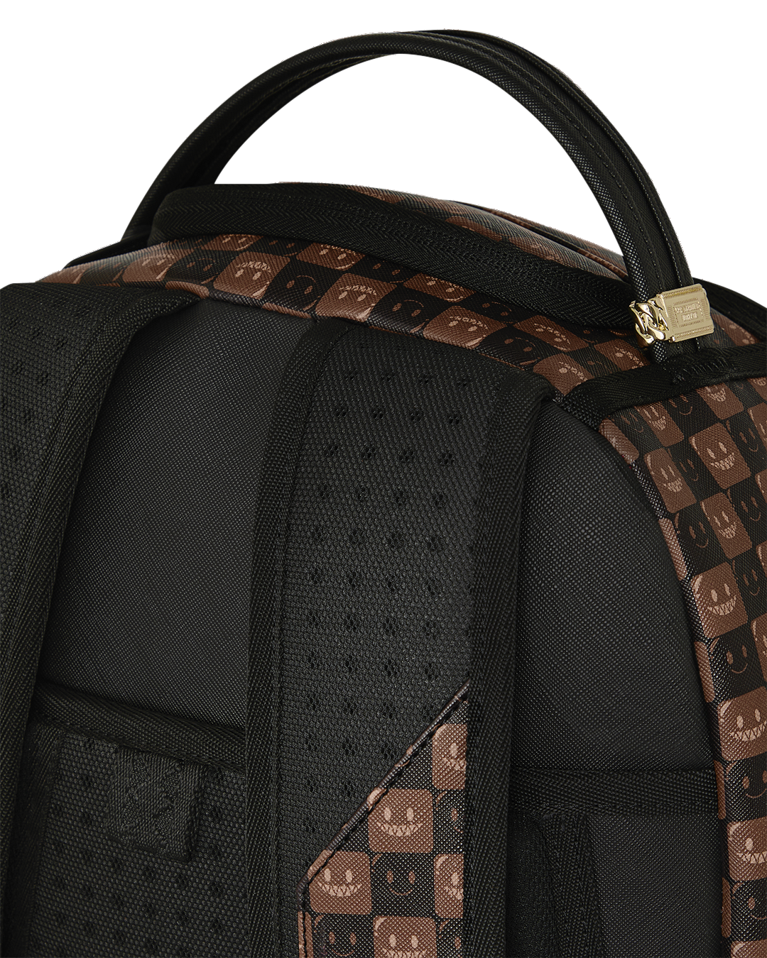 Backpack bag with black padded straps and brown checker trim, top zip closure