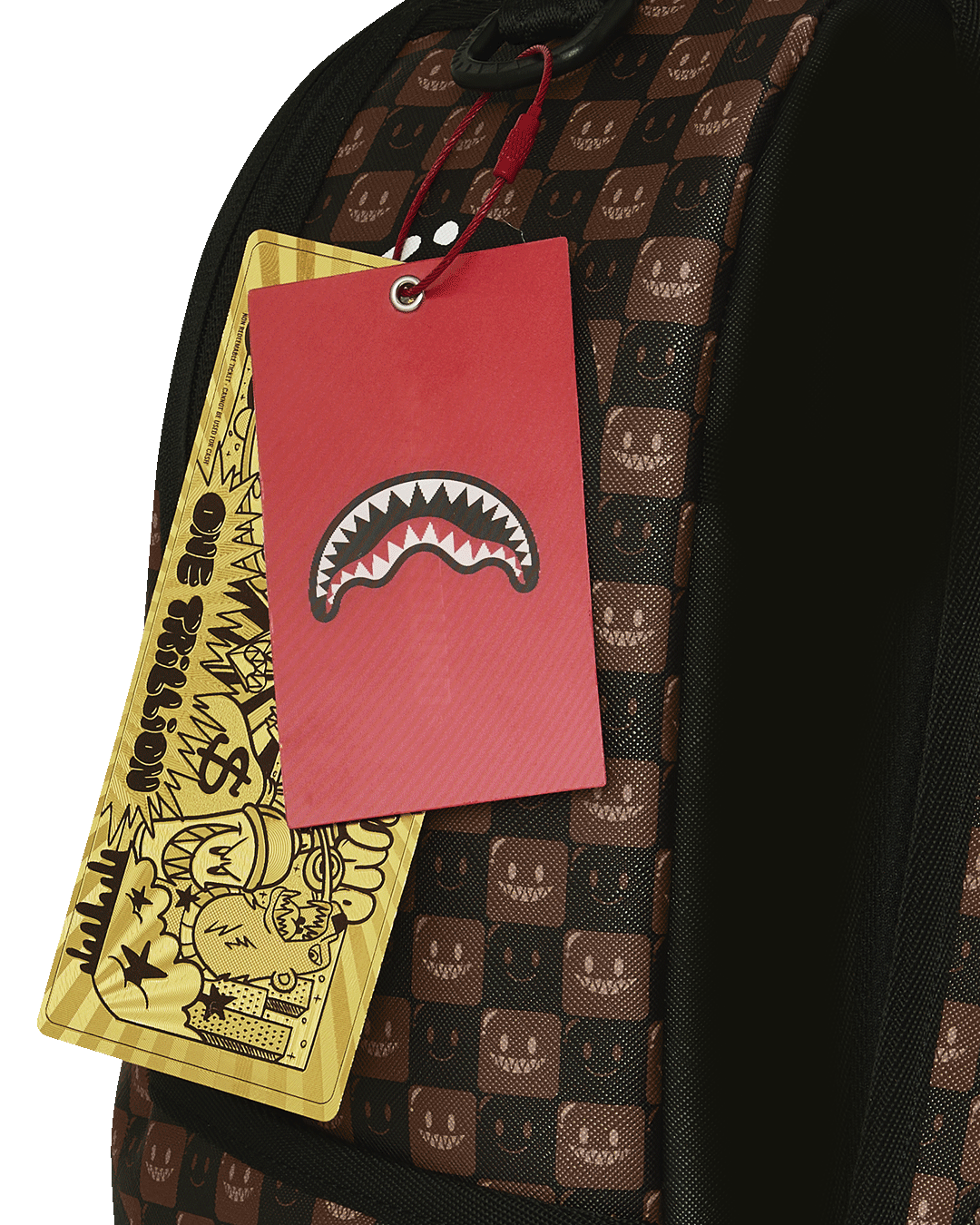 Backpack bag with hanging tags on brown checker fabric with shark pattern