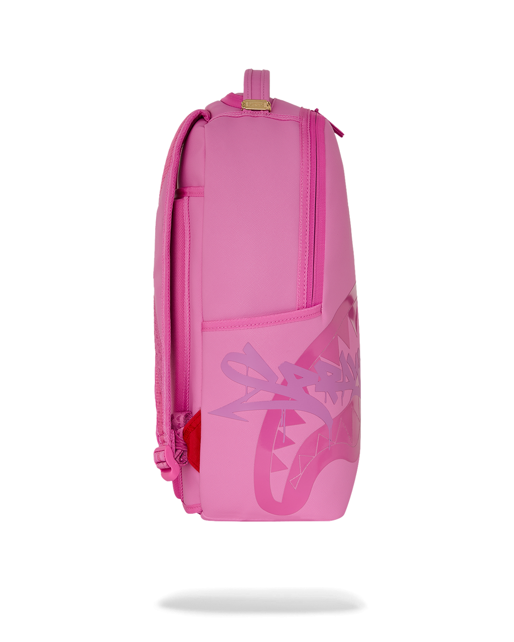 Pink shark-graphic backpack bag with side zipper pocket and textured front panel