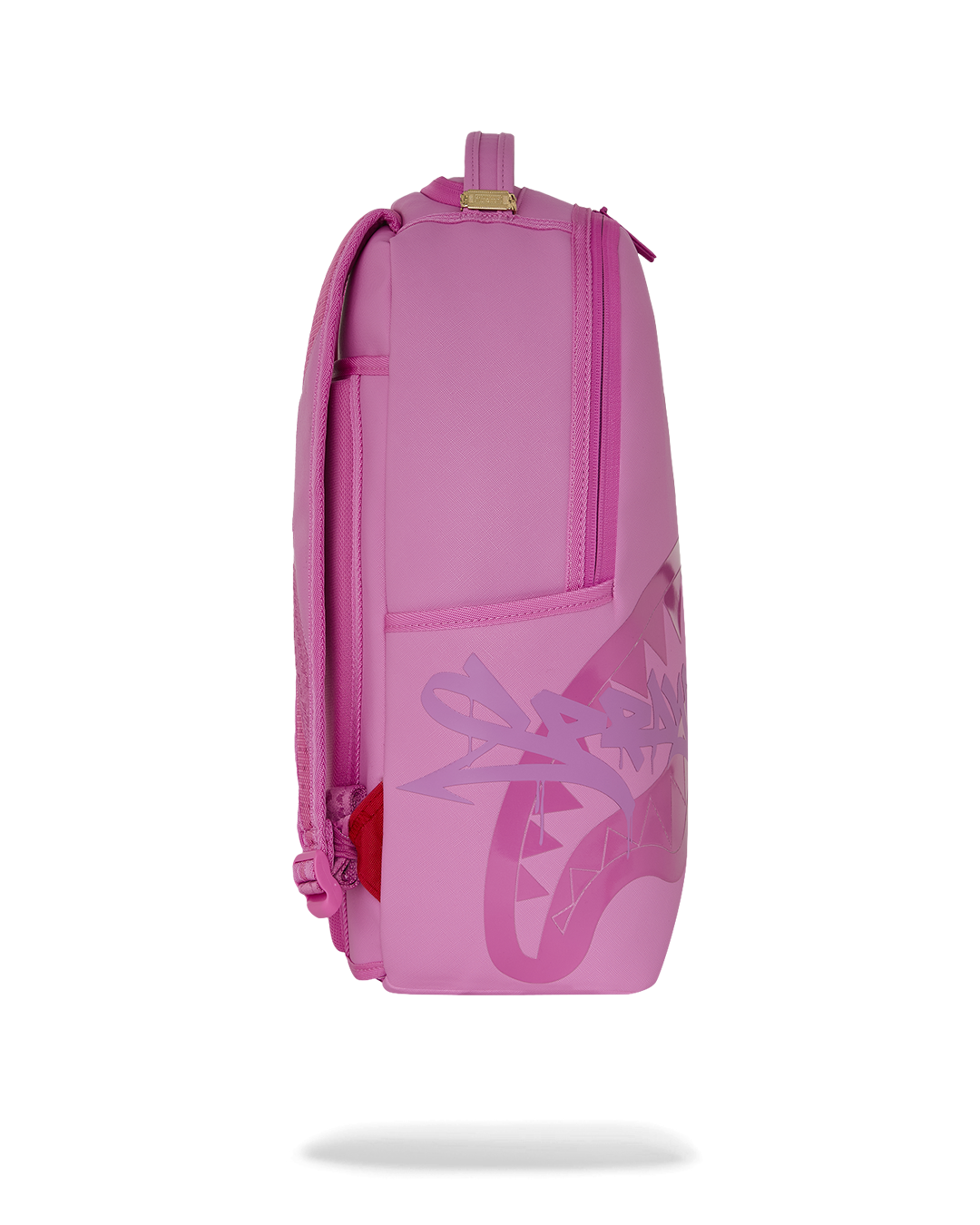 Pink shark-graphic backpack bag with side zipper pocket and textured front panel