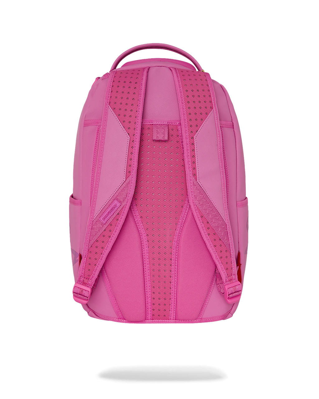 Pink shark-graphic backpack bag with padded back panel and adjustable shoulder straps