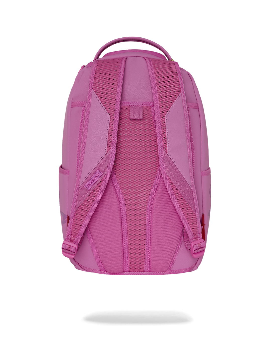 Pink shark-graphic backpack bag with padded back panel and adjustable shoulder straps