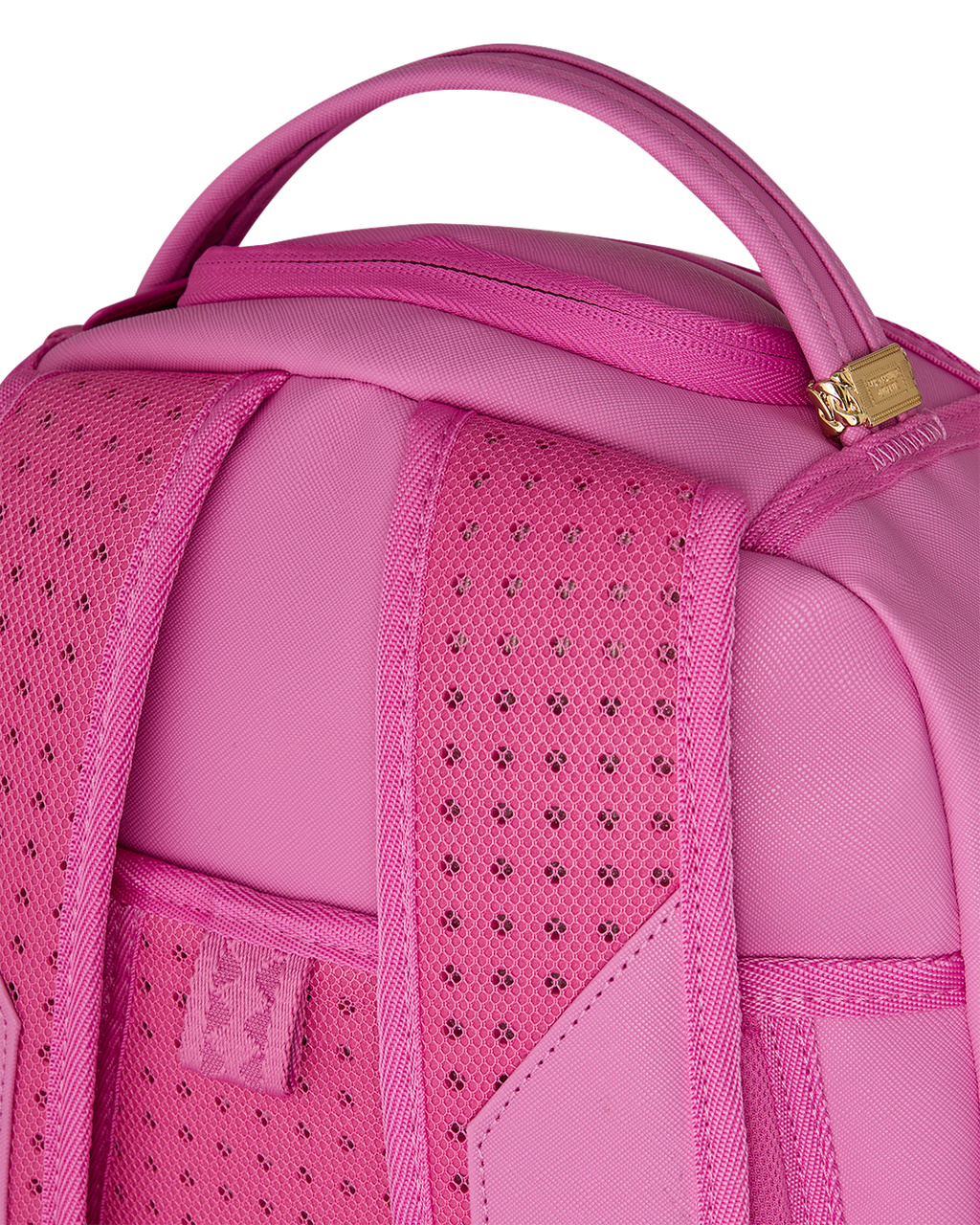 Pink backpack bag with mesh front panel and gold-tone zipper pull