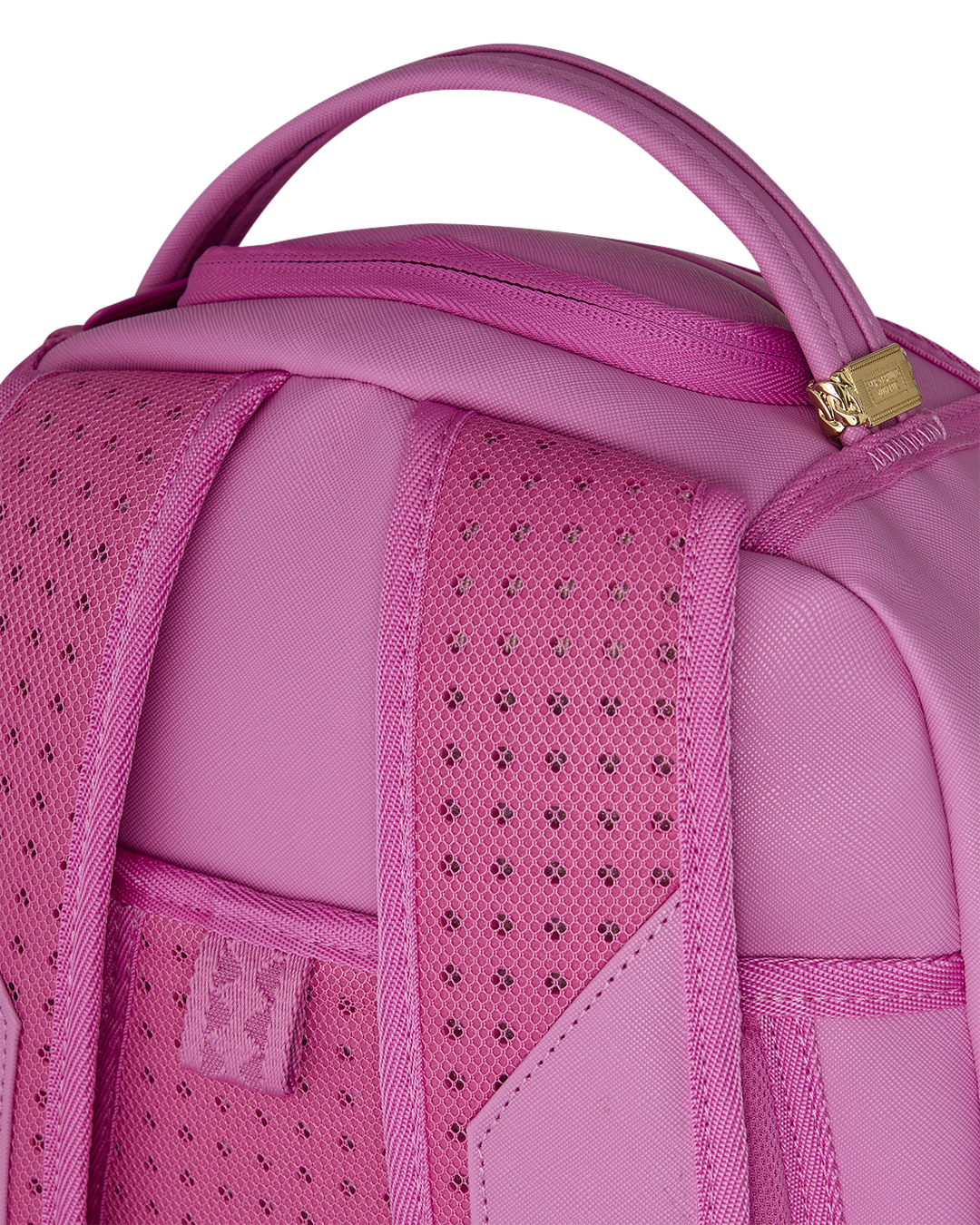 Pink backpack bag with mesh front panel and gold-tone zipper pull