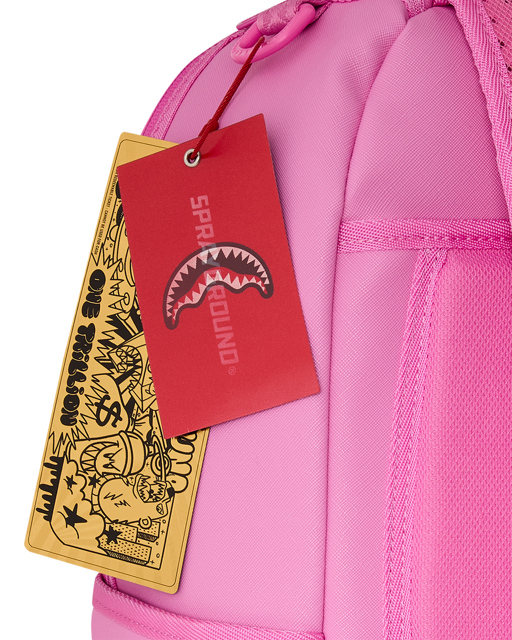 Pink backpack bag with hanging product tags and mesh-pattern front panel