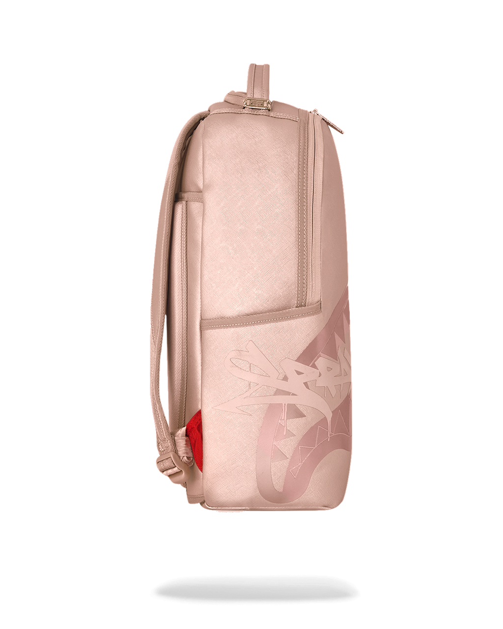Sprayground rose backpack side view with mesh pocket and zipper