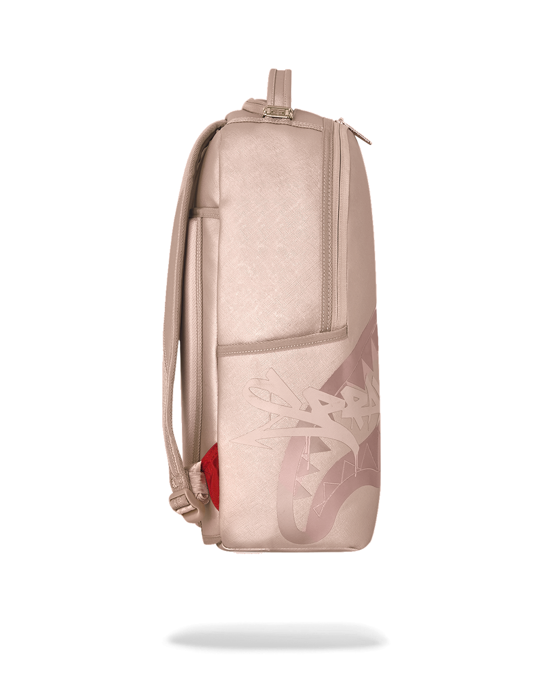 Sprayground rose backpack side view with mesh pocket and zipper