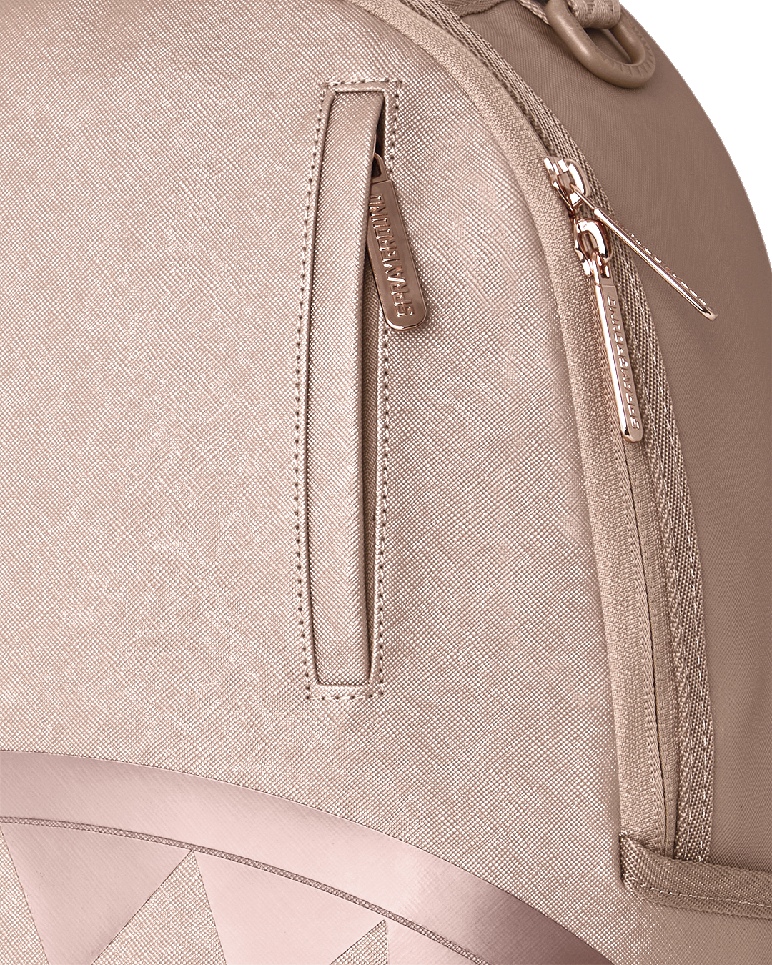 Rose Sprayground backpack close-up of side zipper and stitched panel