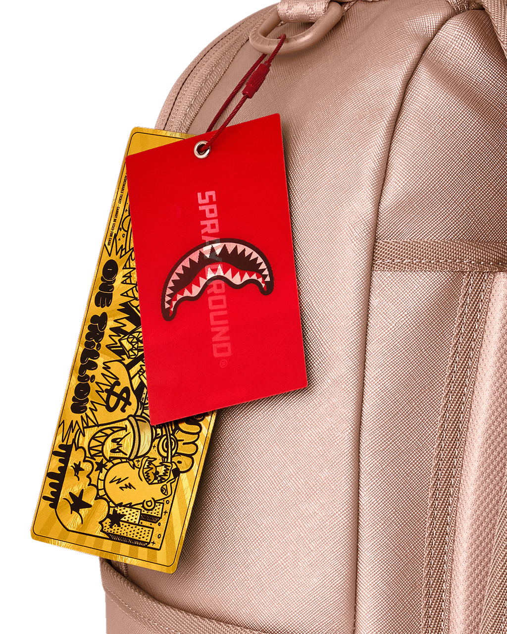 Rose-pink backpack bag with top handle, front zipper, and hanging product tags