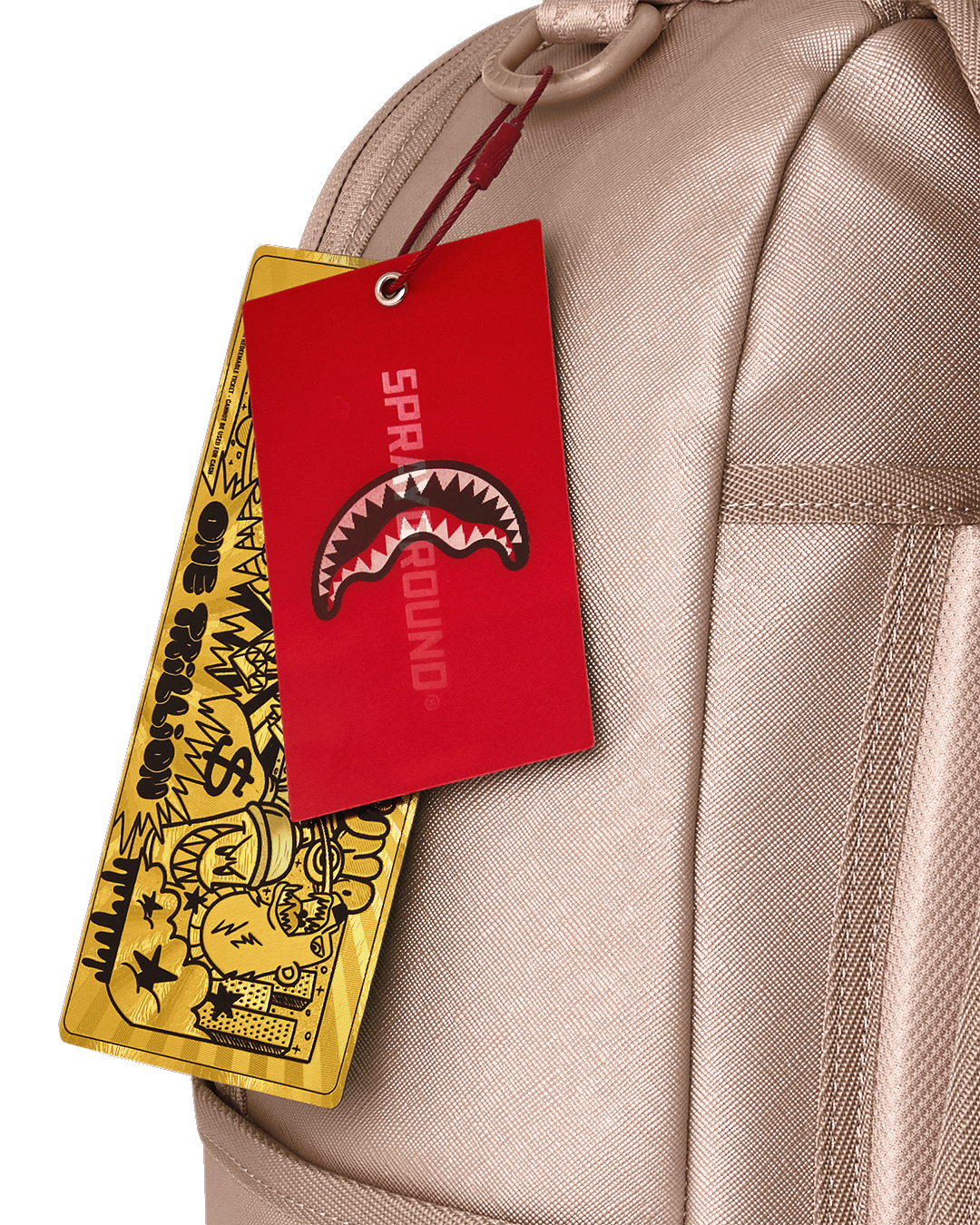 Rose-pink backpack bag with top handle, front zipper, and hanging product tags