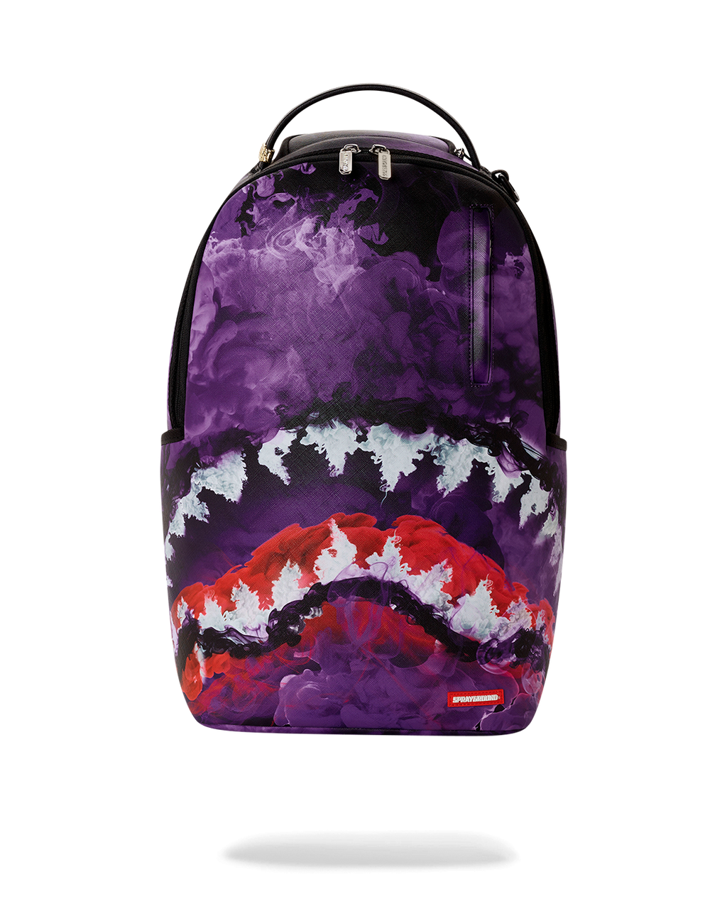 Purple backpack bag with red and white cloud graphic and black zip front panel
