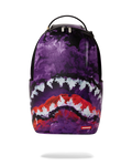 Purple backpack bag with red and white cloud graphic and black zip front panel