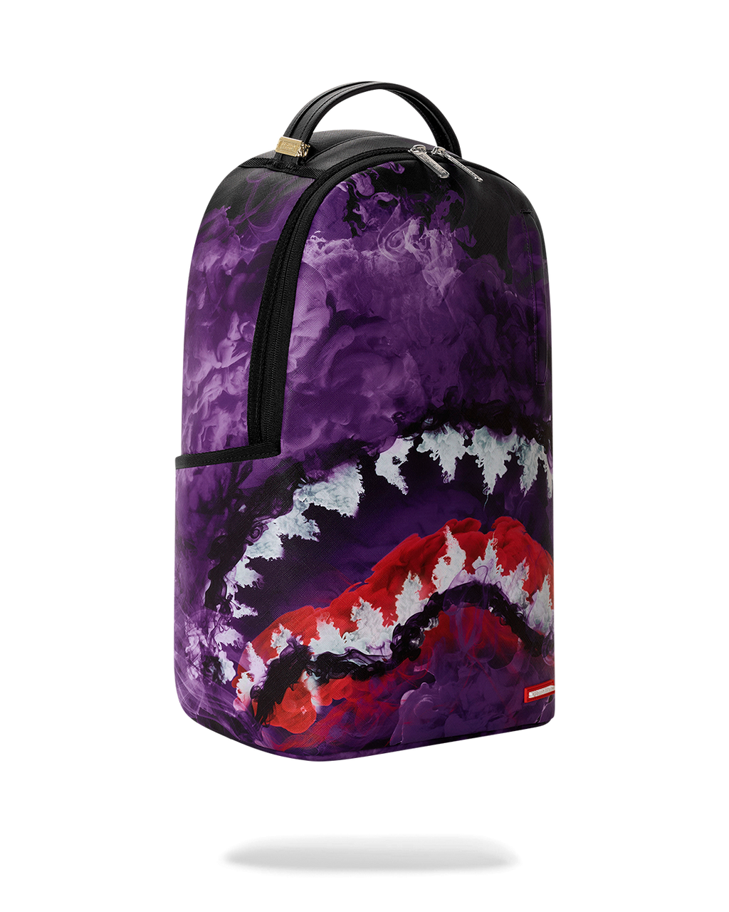 Purple backpack bag with red and white cloud graphic and black curved top handle