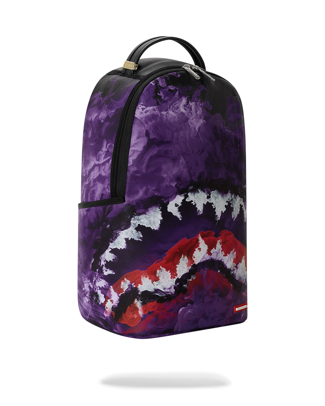 Purple backpack bag with red and white cloud graphic and black curved top handle