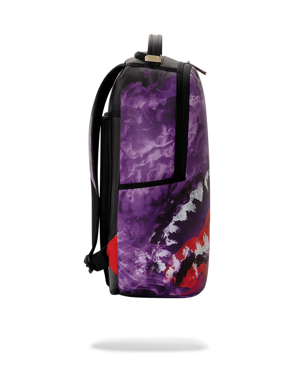 Purple backpack bag with red and white graphic, side view with black trim