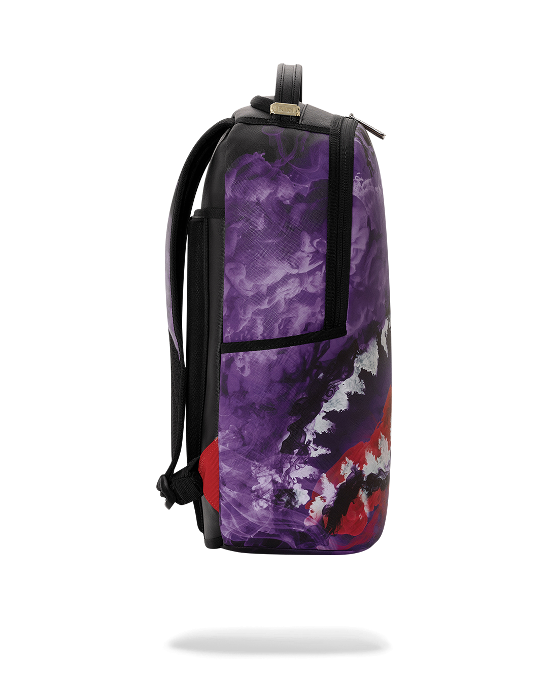 Purple backpack bag with red and white graphic, side view with black trim