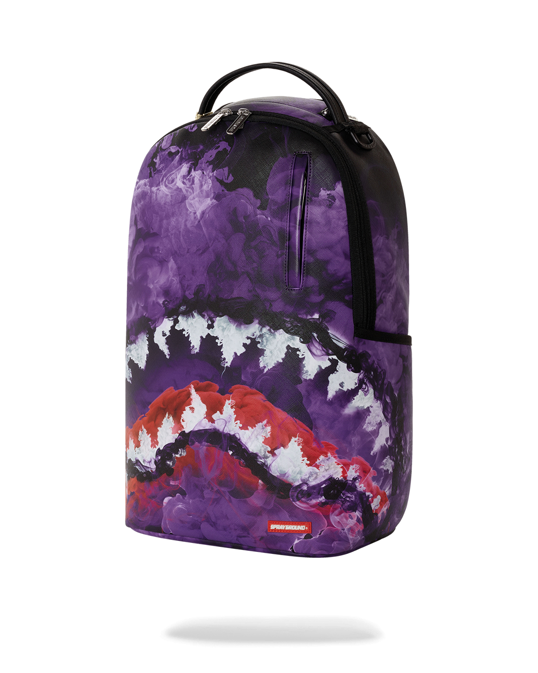 Purple backpack bag with red and white cloud graphic and black front zipper