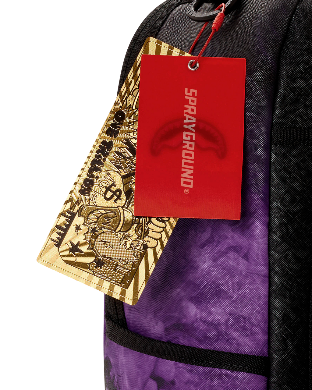 Sprayground backpack bag, black with shadow-fade purple front, red zipper pull and tag