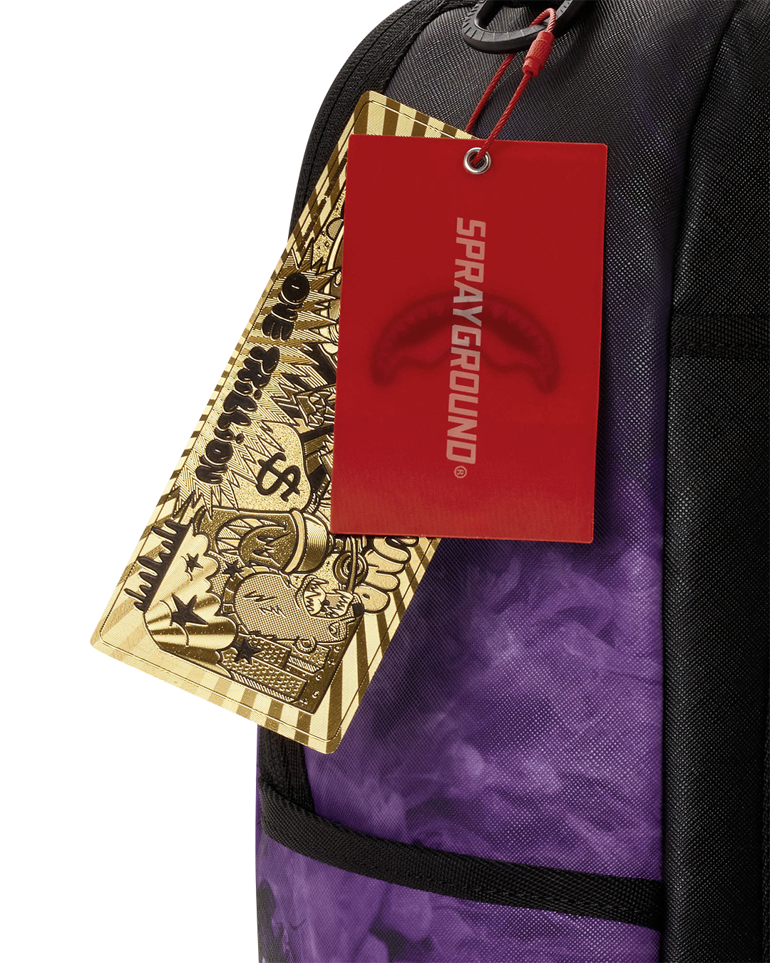 Sprayground backpack bag, black with shadow-fade purple front, red zipper pull and tag