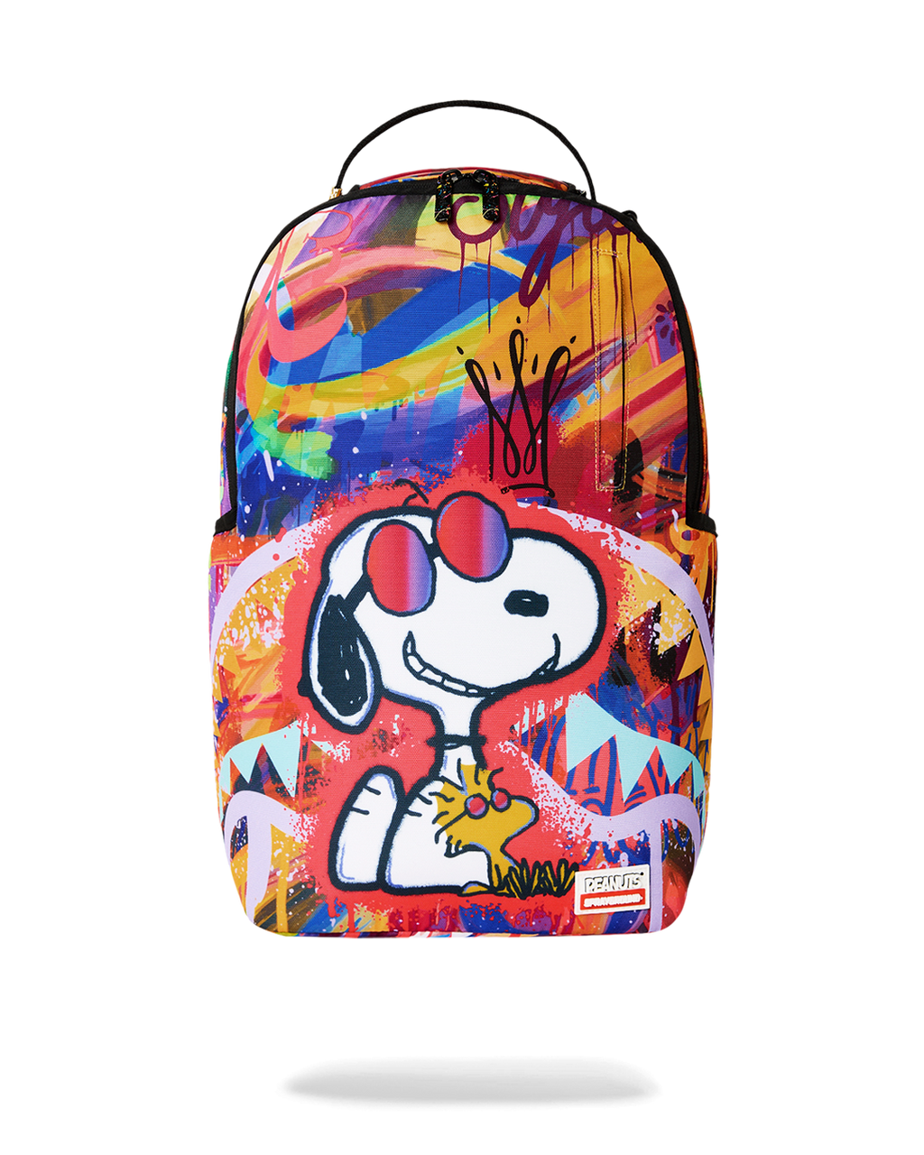 Peanuts Snoopy graphic backpack with multicolor splash art and red top handle