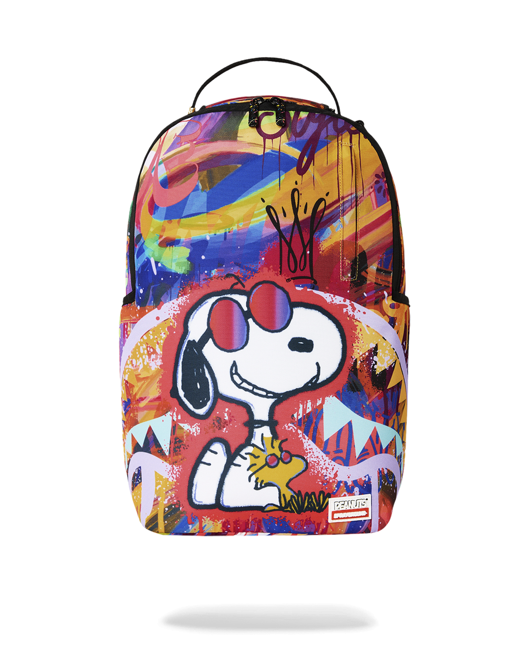 Peanuts Snoopy graphic backpack with multicolor splash art and red top handle