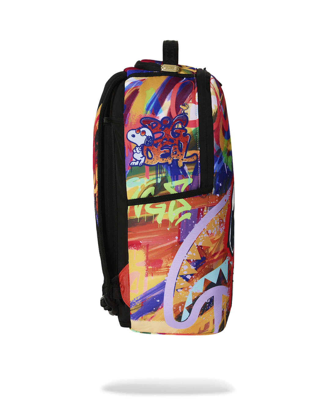 Peanuts Snoopy dream daze backpack side view with colorful print and black trim