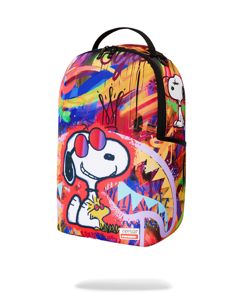Peanuts Snoopy graphic backpack front view with multicolor abstract pattern and logo patch