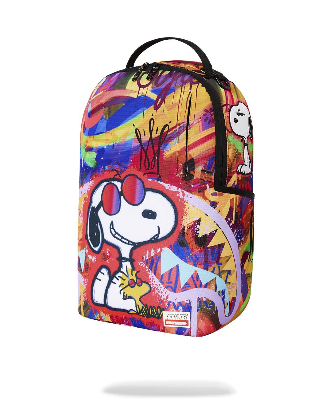 Peanuts Snoopy graphic backpack front view with multicolor abstract pattern and logo patch