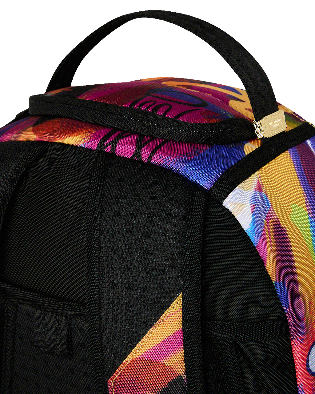 Peanuts Snoopy backpack close-up of black strap and padded panel with colorful edge