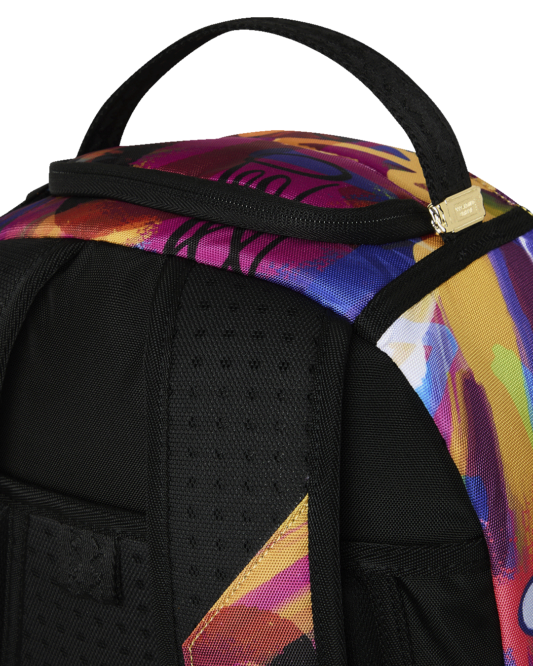 Peanuts Snoopy backpack close-up of black strap and padded panel with colorful edge