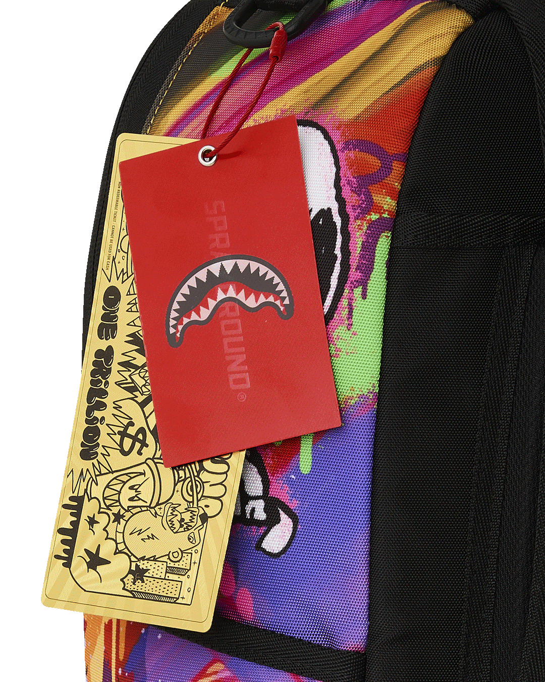 Peanuts Snoopy backpack with hanging product tags on multicolor fabric panel