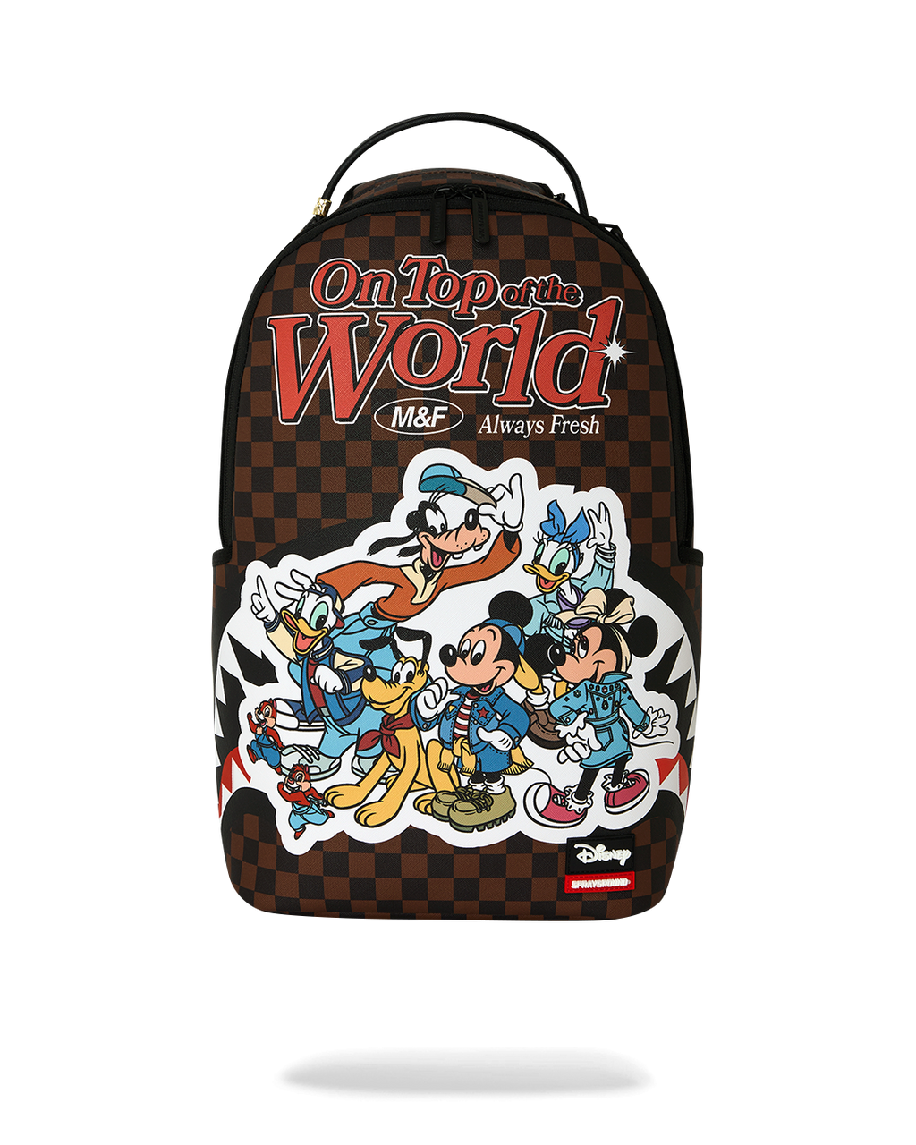 Brown check backpack with Mickey and friends graphic, top handle
