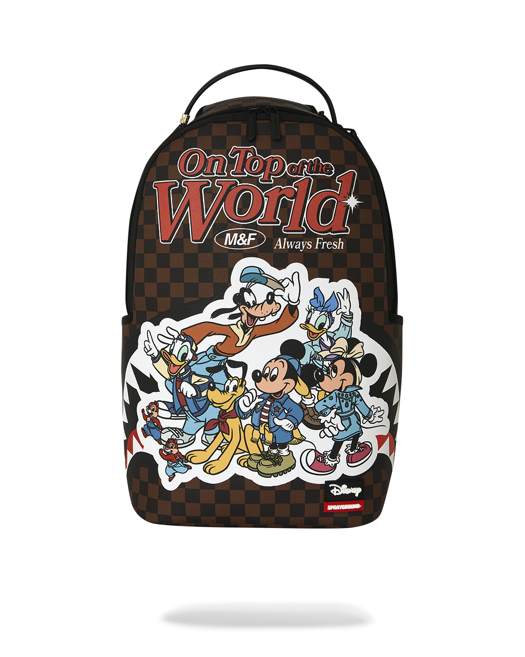 Brown check backpack with Mickey and friends graphic, top handle