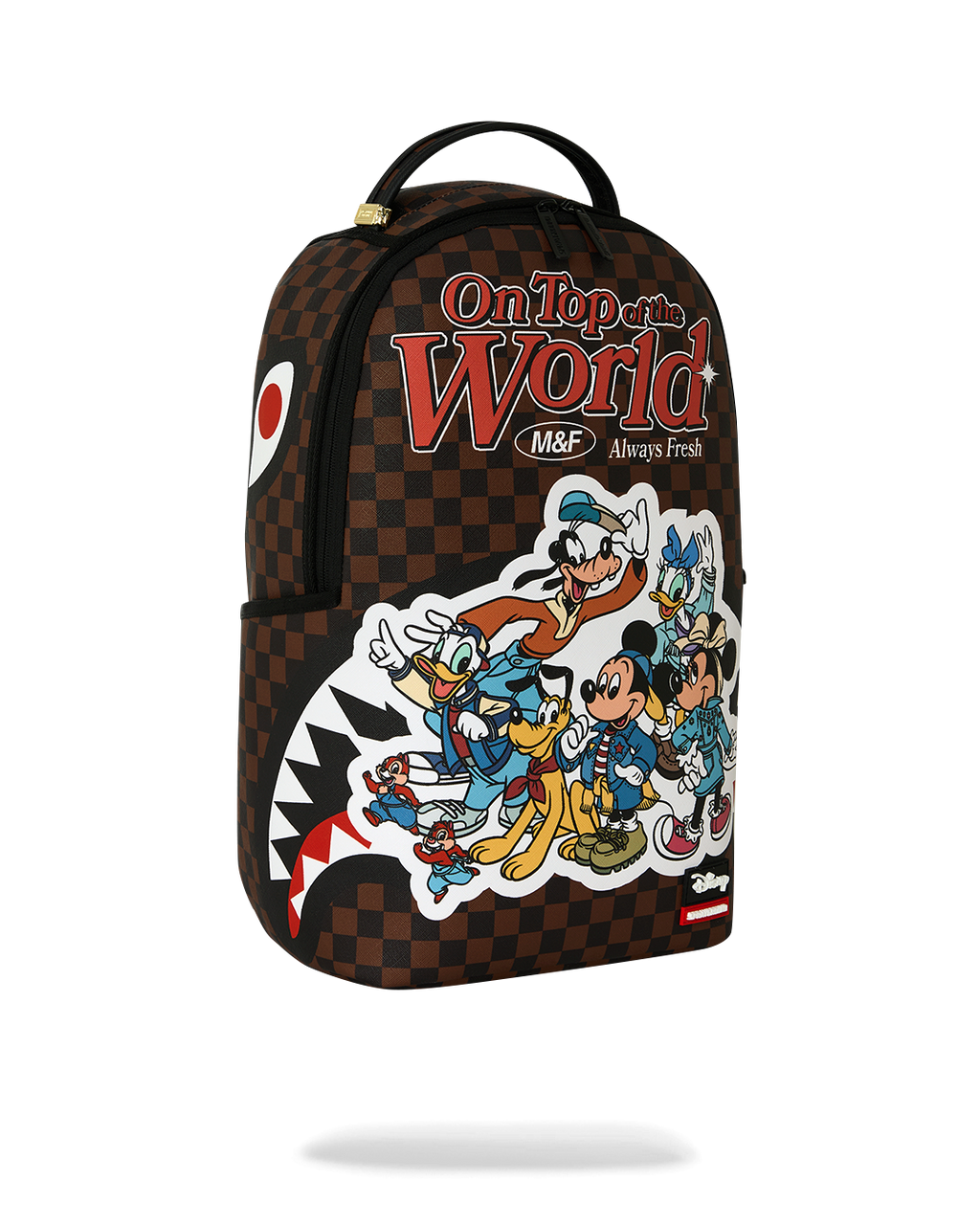 Brown check backpack with Mickey and friends graphic, side red circle detail